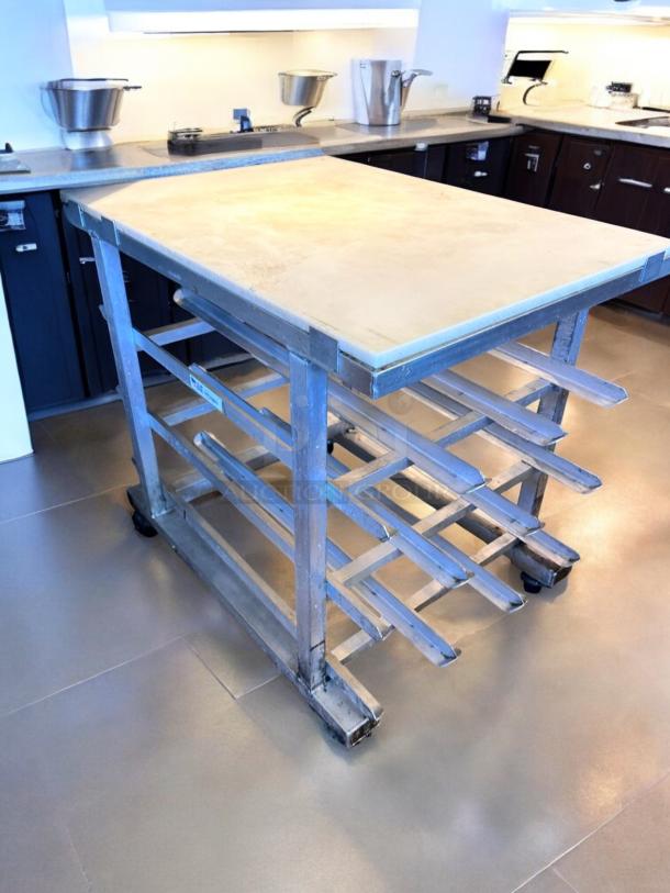 New Age Industrial can storage prep table cart, aluminum frame, poly top, NSF certified, superb condition, tested and working.