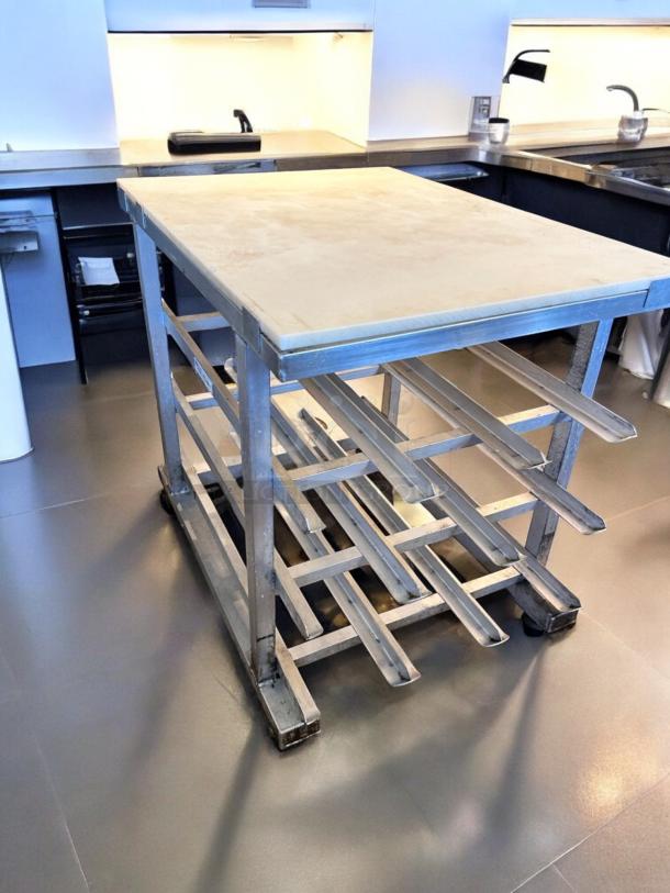 New Age Industrial can storage prep table cart, aluminum frame, poly top, custom NSF model, superb condition.