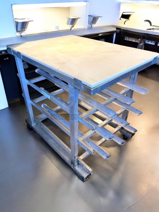 New Age Industrial Can Storage Prep Table Cart, aluminum frame, poly top, NSF certified, superb condition, fully tested.