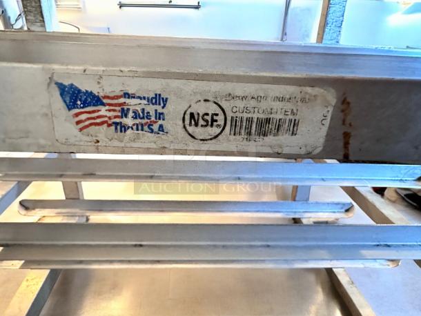 New Age Industrial Can Storage Prep Table Cart with aluminum frame, poly top, and NSF label, superb condition, USA-made.