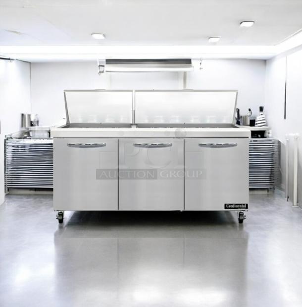 Continental SW72-30M 72" sandwich prep table, 3-door, outstanding condition, fully tested, 115V, stainless steel finish.