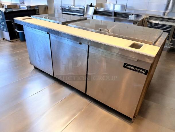 Continental SW72-30M sandwich prep table, 72", 3 doors, stainless steel, tested, like new condition, 115V.