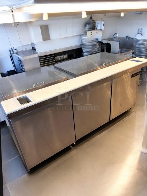 Continental SW72-30M 72" sandwich prep table, stainless steel, three doors, excellent condition, 115V, fully tested.