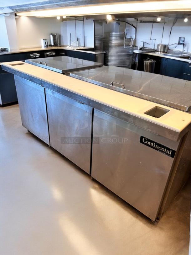 Continental SW72-30M 72" sandwich prep table with three doors, stainless steel, excellent condition, 115V.