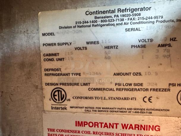 Label on Continental SW72-30M, 72" Sandwich Prep Table, shows model, power supply, refrigerant type, and safety standards.