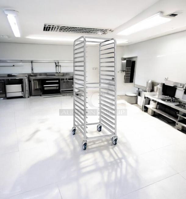 Alexander Industries aluminum sheet pan rack, 20-pan capacity, outstanding condition, fully tested, on casters.