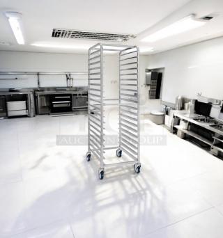 Alexander Industries aluminum sheet pan rack, 20-pan capacity, outstanding condition, fully tested, on casters.