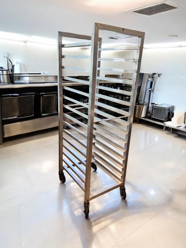 Alexander Industries aluminum sheet pan rack, outstanding condition, 20-pan capacity, fully tested, on casters.