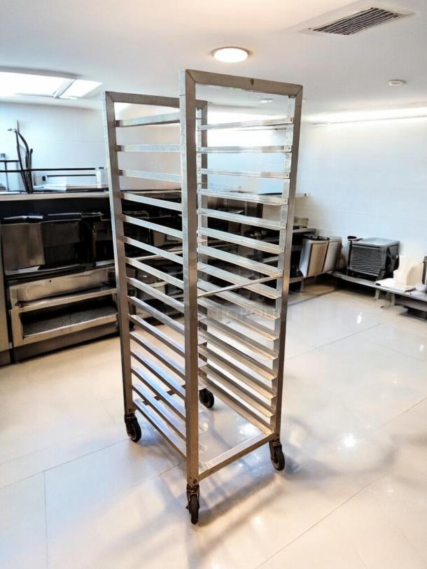 Alexander Industries aluminum sheet pan rack, outstanding condition, 20 pan capacity, fully tested and working, on caster wheels.