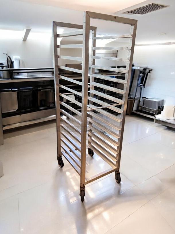 Alexander Industries aluminum sheet pan rack, 20-pan capacity, outstanding condition, fully tested, with swivel casters.