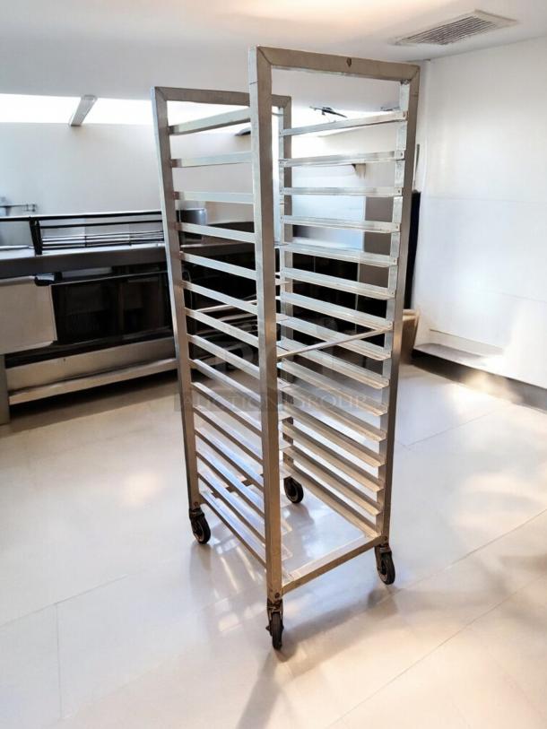 Alexander Industries aluminum sheet pan rack, 20 pan capacity, outstanding condition, tested and working, on caster wheels.