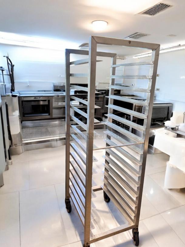 Outstanding condition Alexander Industries aluminum sheet pan rack, 20 pan capacity, fully tested, with caster wheels.