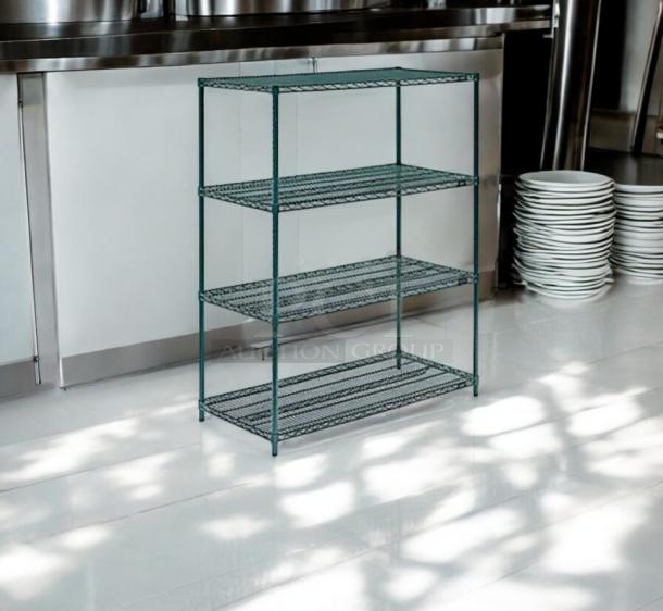 Commercial green wire shelving rack with four adjustable shelves, NSF green epoxy coated, top-tier condition.