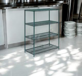 Commercial green wire shelving rack with four adjustable shelves, NSF green epoxy coated, top-tier condition.