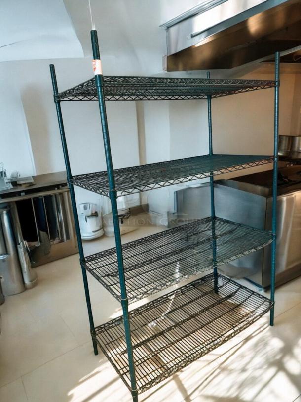 Commercial green wire shelving rack, 4 adjustable shelves, NSF green epoxy coated, top-tier condition, fully tested and sturdy.