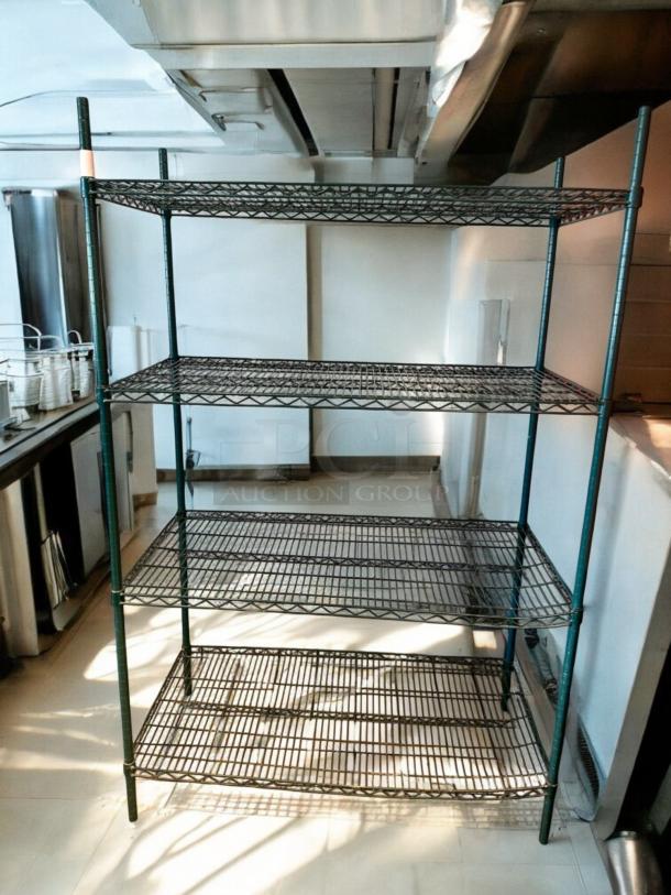 Commercial-grade green wire shelving rack with 4 adjustable shelves, NSF green epoxy coated, fully tested, top-tier condition.