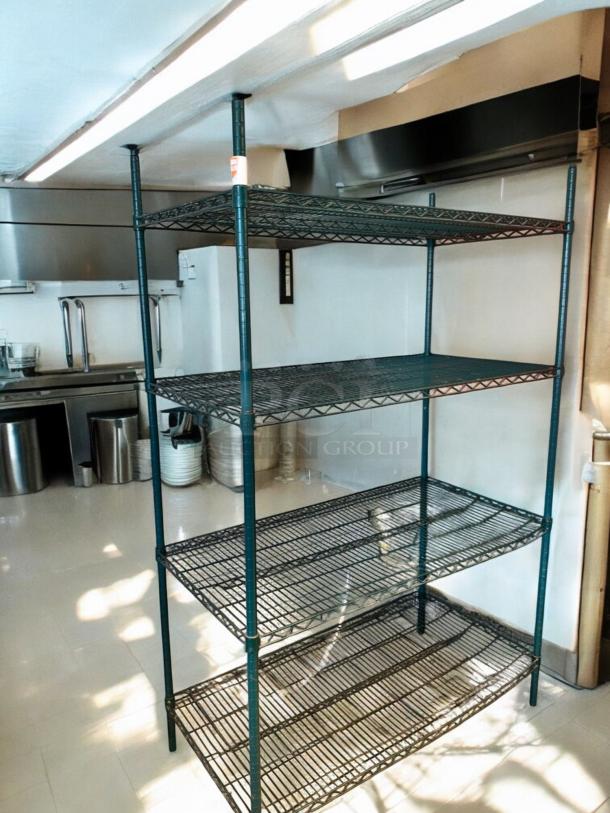 Commercial green wire shelving rack with 4 adjustable shelves, NSF green epoxy coated, fully tested, top-tier condition.