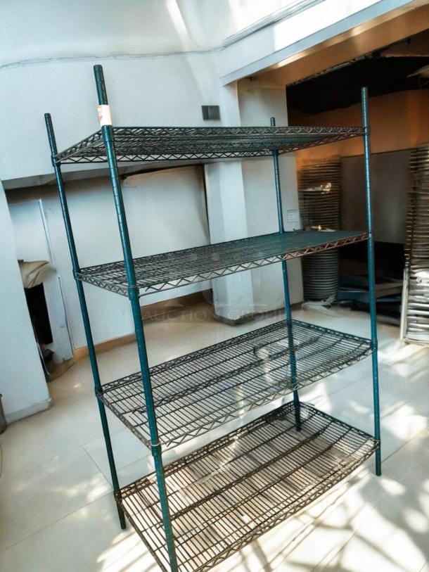 Commercial green wire shelving rack with 4 adjustable shelves, NSF green epoxy coated, top-tier condition, fully tested.
