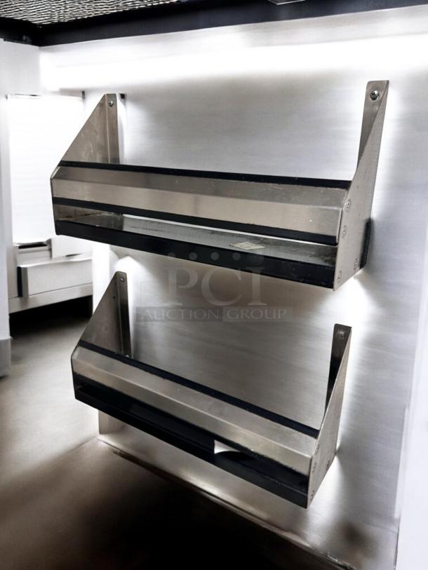 Two stainless steel wall-mounted organizer racks with black edge trim, 19" wide, in superb condition.