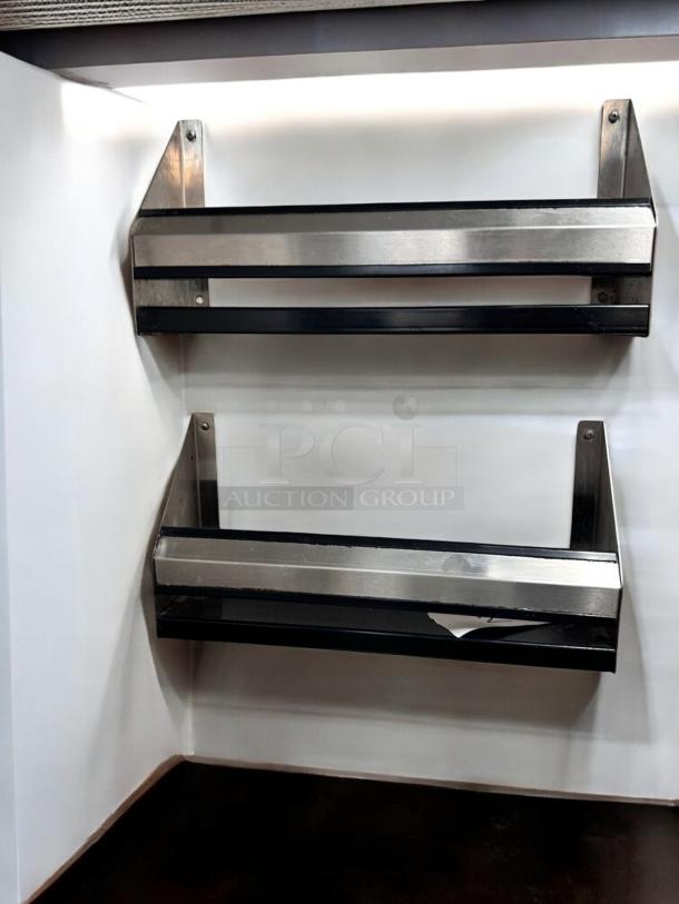 Two superb condition stainless steel wall-mounted organizer racks, 19" wide, with black edge trim, fully tested.