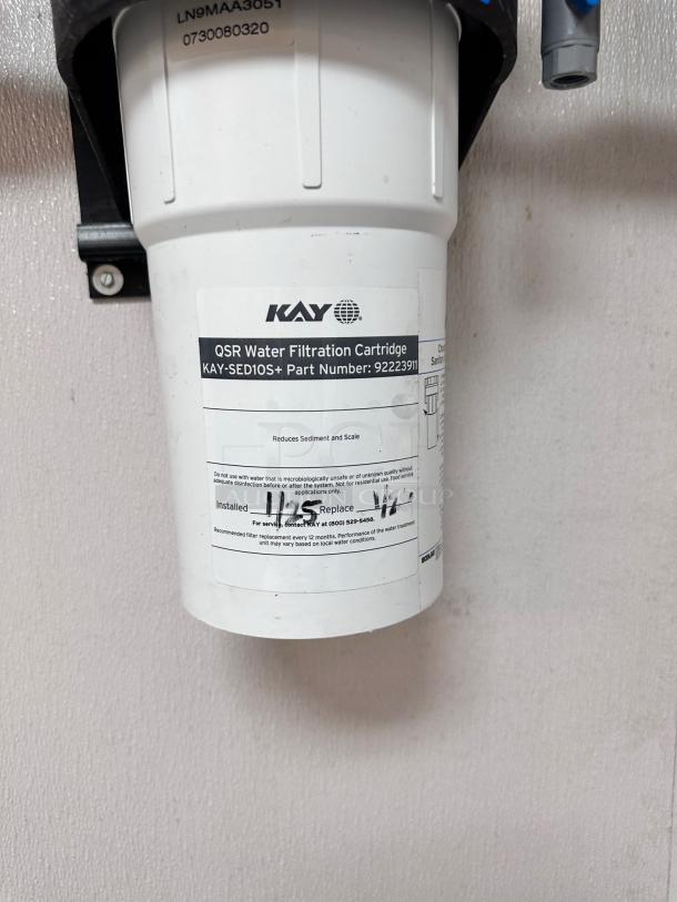 KAY QSR Water Filtration Cartridge with label detailing model number KAY-SED10S+ and part number 92223911.