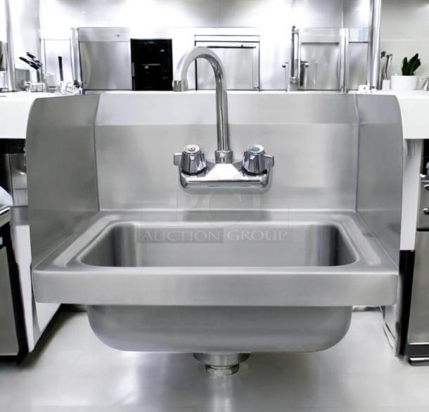 Advance Tabco WS-1 wall-mount hand sink with faucet and side splashes in outstanding condition; fully tested and working.