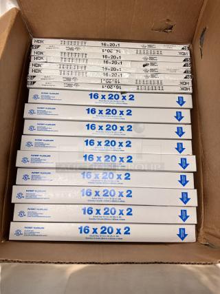 Brand new HDX & Merv 8 pleated air filters, sizes 16"x20"x1" & 16"x20"x2", sealed box of 12, model ACF12.