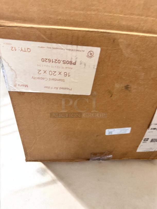 Box of 12 HDX & Merv 8 pleated air filters, models 16x20x1 and 16x20x2, sealed. Labels indicate size and product code ACF12.