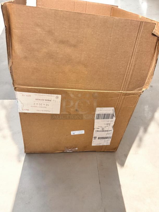 Sealed box of 12 HDX & Merv 8 pleated air filters, sizes 16"x20"x1" and 16"x20"x2", labeled Code ACF12.