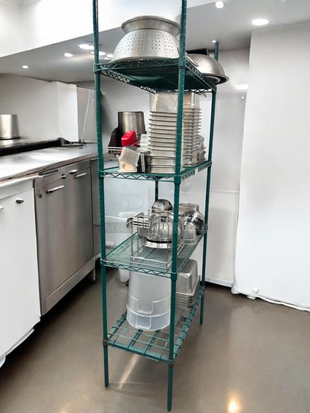 Metro-Style green wire kitchen rack with commercial pans, bowls, and tools in outstanding condition, NSF approved.