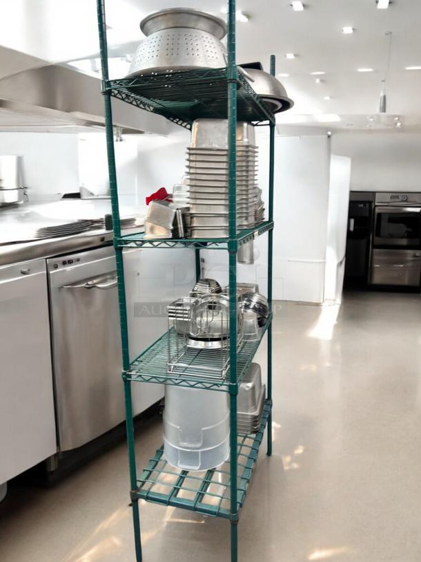 Metro-Style green wire kitchen rack with assorted commercial pans, bowls, and tools; NSF approved, outstanding condition.