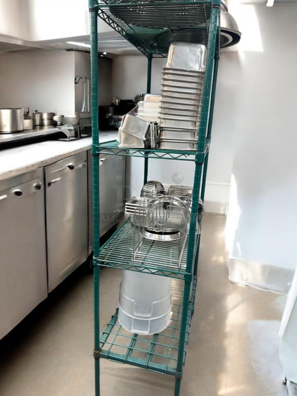 Metro-Style NSF Approved green wire kitchen rack with commercial pans, bowls, and tools in outstanding condition.