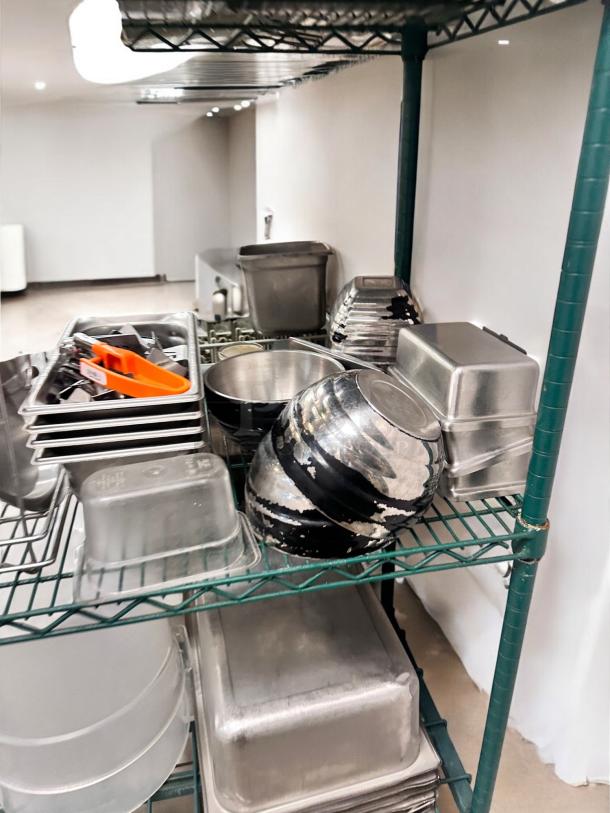 Green wire kitchen rack by Metro-Style, NSF Approved. Includes commercial pans, bowls, tools. Outstanding used condition.