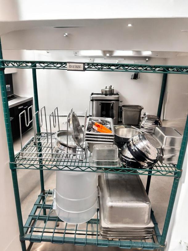Used Metro-Style green wire kitchen rack with commercial pans, bowls, tools; NSF approved, outstanding condition, ready to use.
