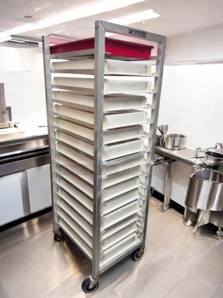 Alexander Industries full-height mobile pan rack with trays, superb condition, NSF certified, fully tested, functional.