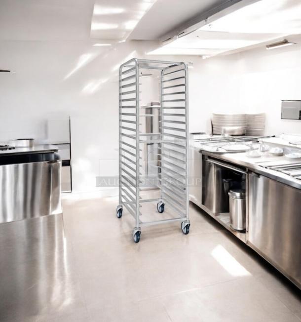 Alexander Industries full-height mobile pan rack with trays, superb condition, NSF certified, fully tested, on casters.