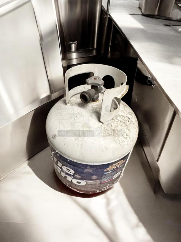 Blue Rhino 20 lb propane tank with standard valve, empty, ready to use, minor wear visible, brand label intact.