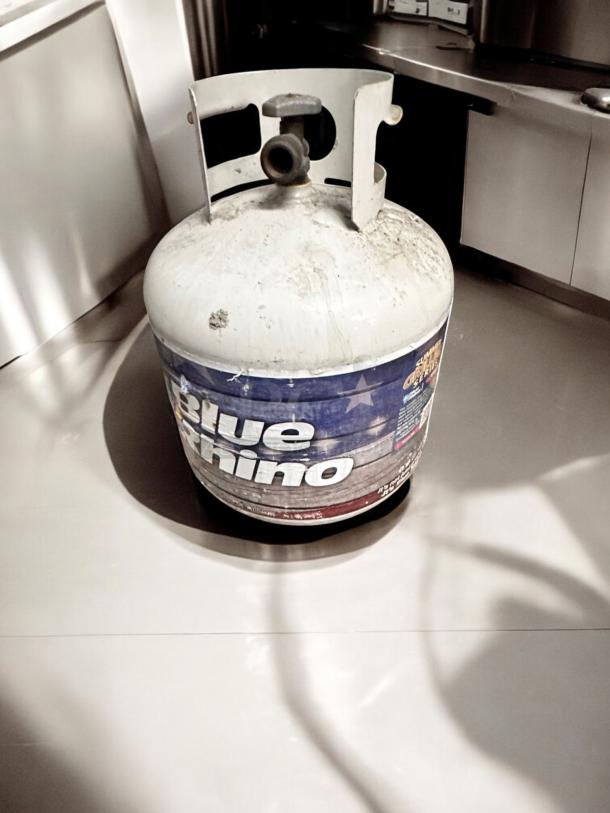 Blue Rhino 20 lb propane tank, standard valve, empty, visibly weathered. Brand label intact. Ready for refill and use.