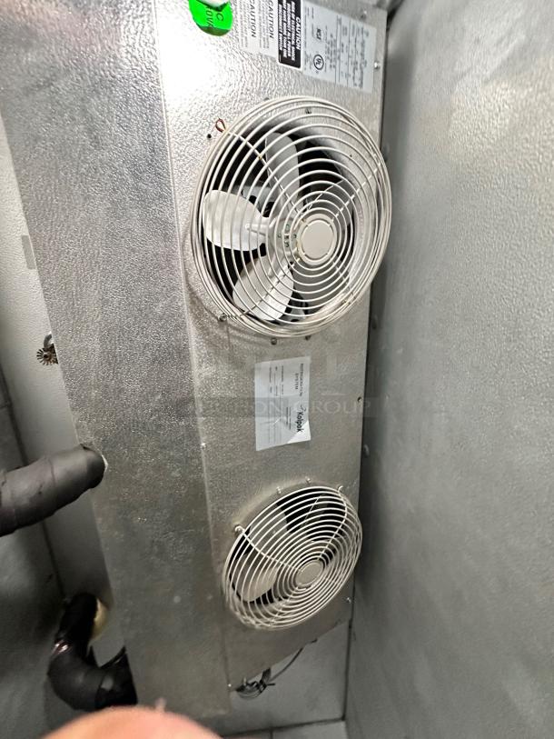 Kolpak Walk-In Cooler/Freezer Combo, model 4010130519DR25, features dual fans, tags with model and safety info, in used condition.
