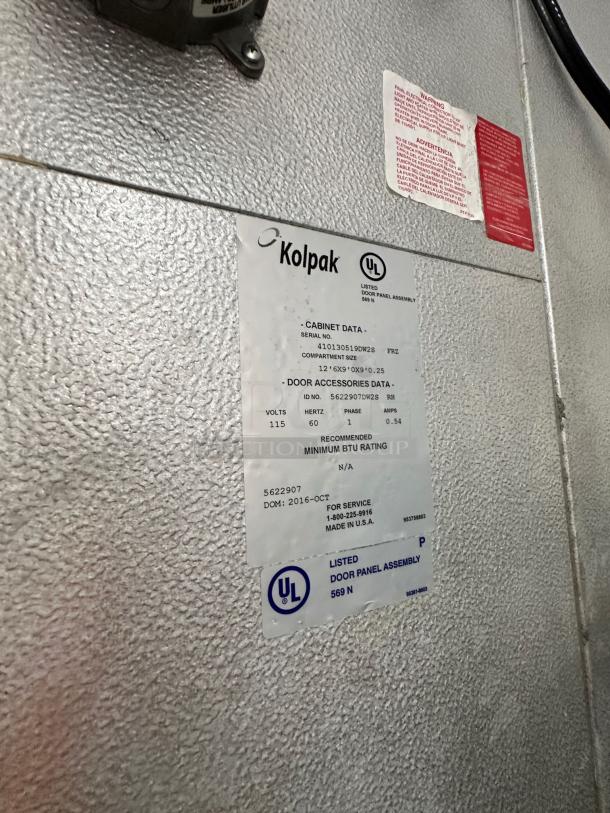 Kolpak Walk-In Cooler/Freezer, Model 4010130519DR25, 12'6" x 9'0" x 8'4", outstanding condition, tags visible.