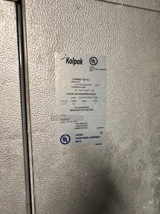 Kolpak Walk-In Cooler/Freezer Combo in outstanding condition, model 4010130519DR25, dimensions 12'6" x 9'0" x 8'4". UL listed.