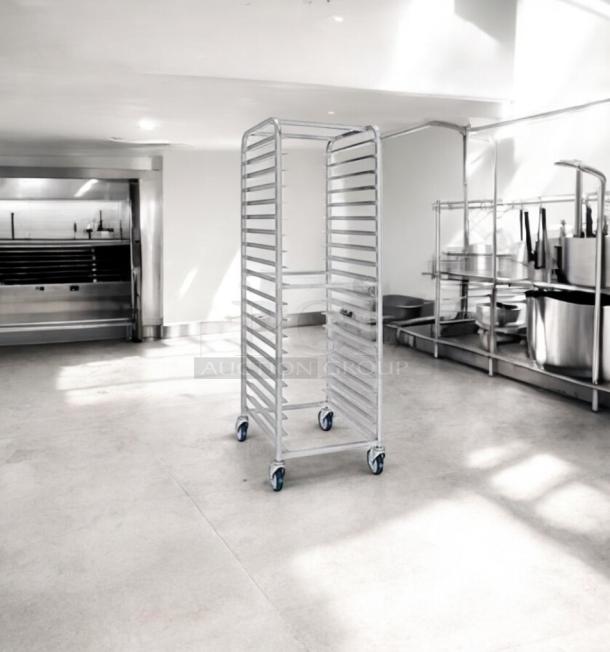 Full-height mobile pan rack by Alexander Industries in outstanding working condition, NSF certified, on swivel casters.