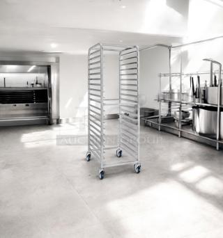 Full-height mobile pan rack by Alexander Industries in outstanding working condition, NSF certified, on swivel casters.
