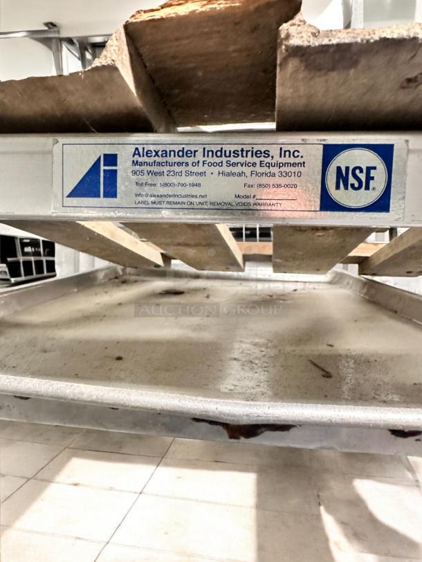 Alexander Industries full-height mobile pan rack, NSF certified, in outstanding condition. Includes manufacturer label.