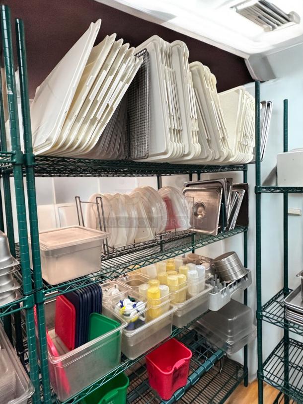 Excellent condition Metro-Style NSF green epoxy-coated wire rack, includes full kitchen storage set, fully cleaned, heavy-duty model.
