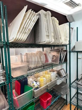 Excellent condition Metro-Style NSF green epoxy-coated wire rack, includes full kitchen storage set, fully cleaned, heavy-duty model.
