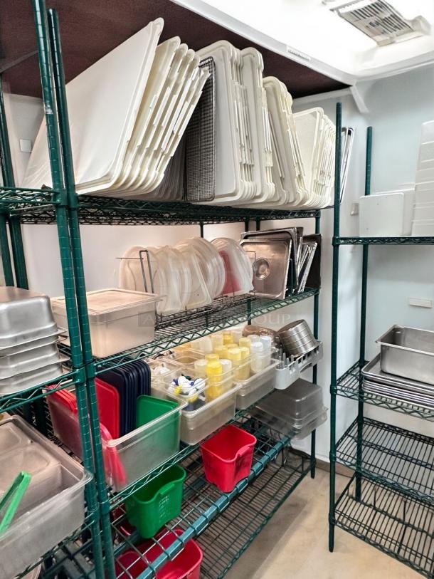 Metro-Style NSF certified green epoxy-coated wire rack with kitchen storage items, excellent condition, fully cleaned.
