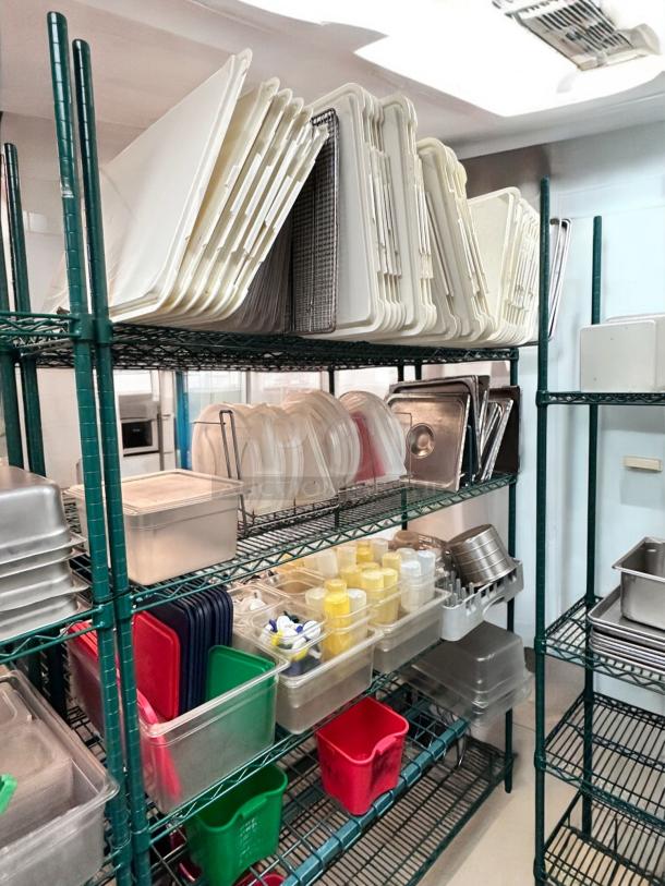 Metro-Style green epoxy-coated wire rack with kitchen storage items, NSF certified, heavy-duty, excellent condition.