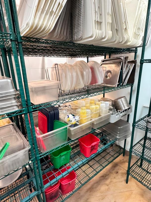Green epoxy-coated wire rack by Metro-Style, NSF certified, with full set of kitchen storage items. Excellent condition, fully cleaned.