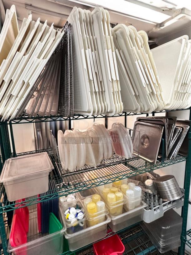Metro-Style NSF green epoxy-coated wire rack with kitchen storage items, heavy-duty shelving, excellent condition.